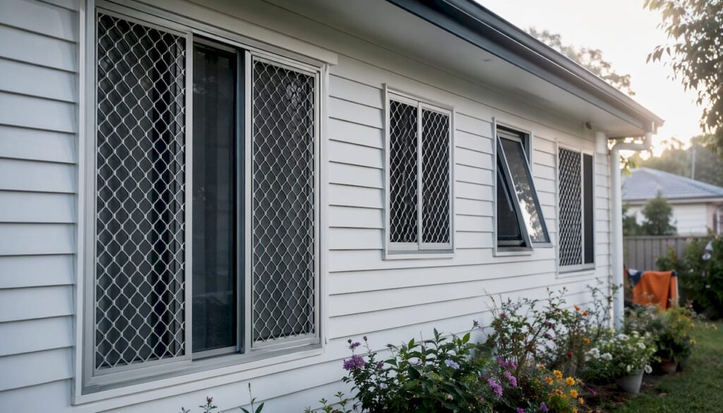 Suburban house with window security screens installed