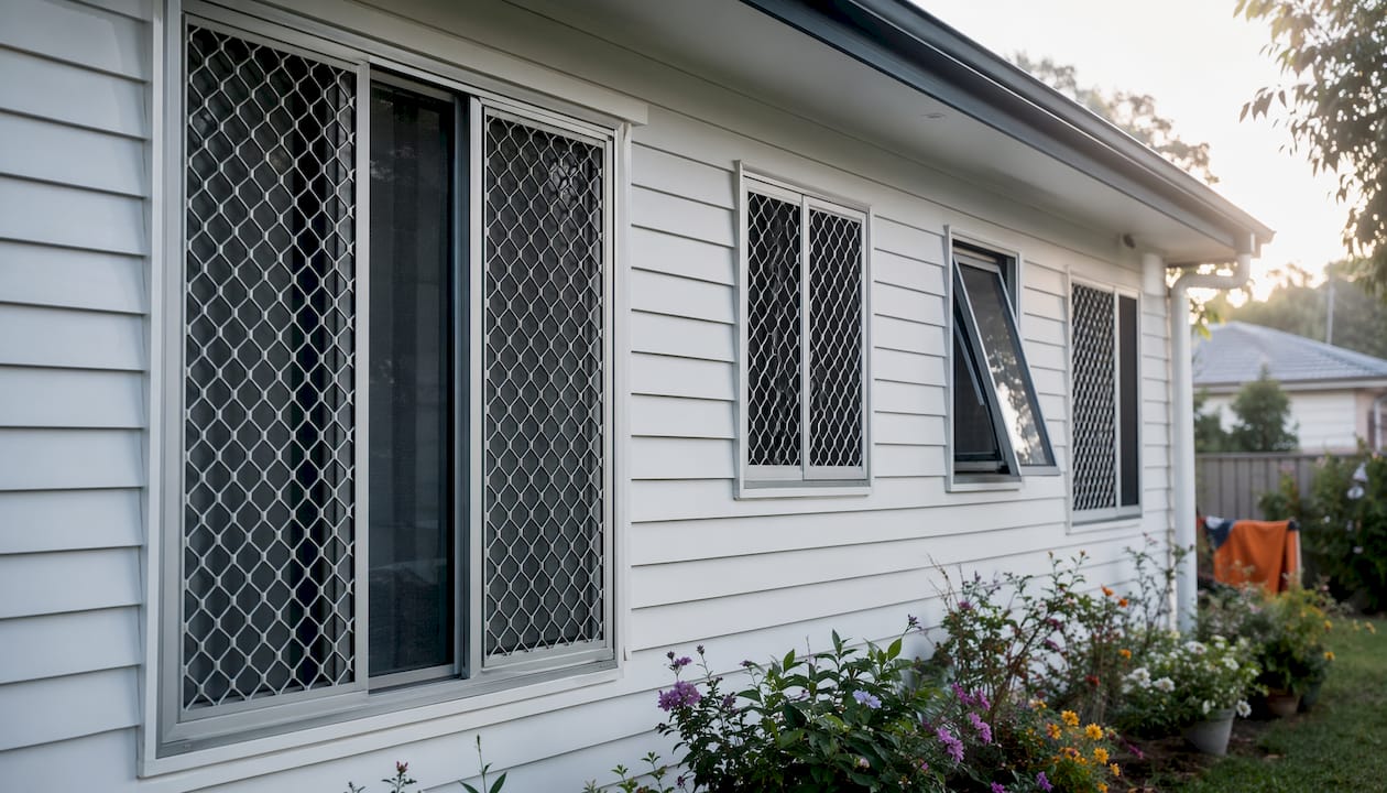 Suburban house with window security screens installed
