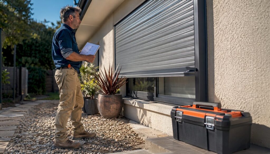 Man inspecting roller shutters at home exterior