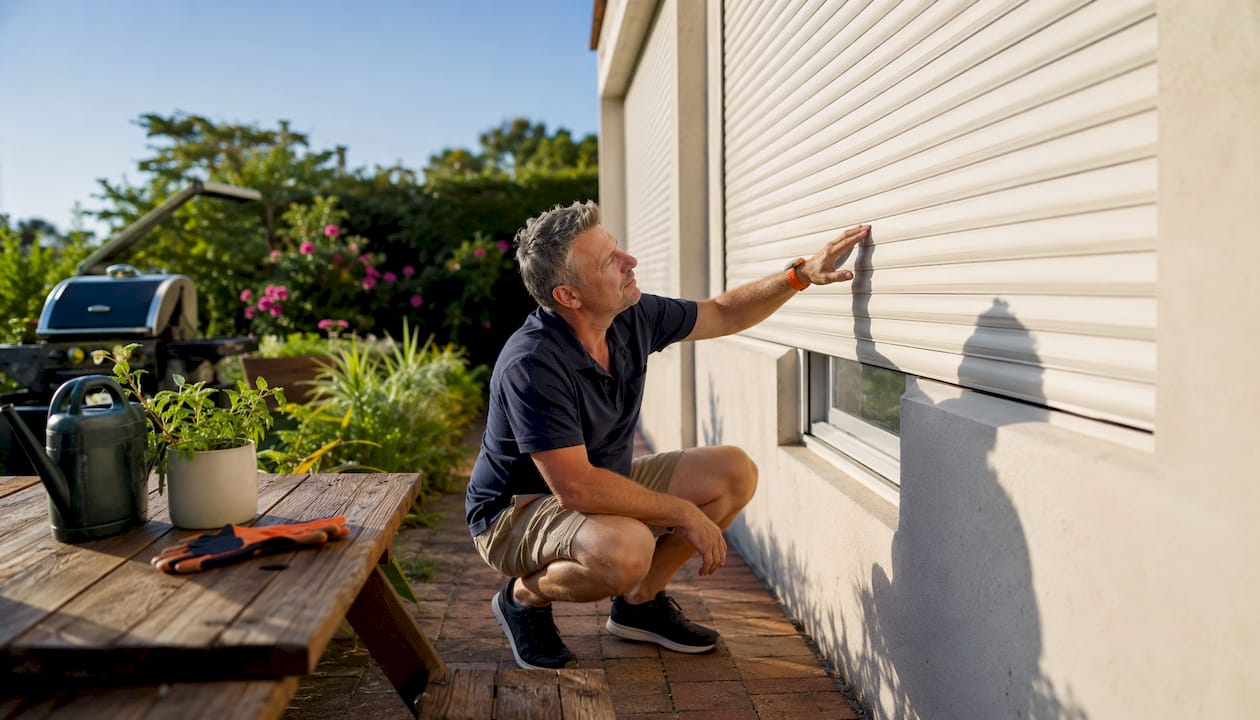 Homeowner inspecting external roller shutters outside house
