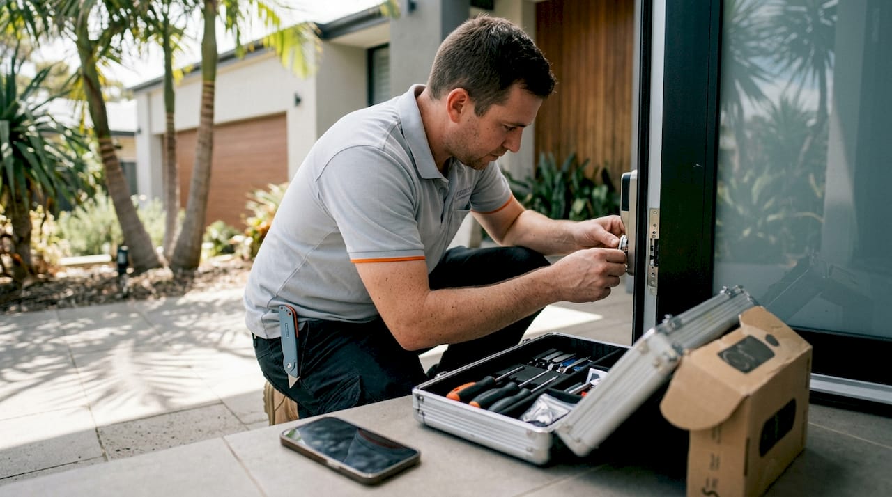 Locksmith replacing security door lock at Australian home