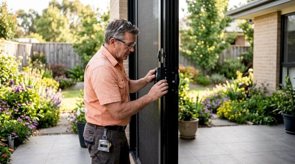 Security consultant inspecting sliding door